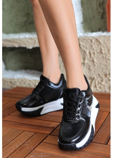 Siem Siyah Cilt Bağcıklı Spor Ayakkabı